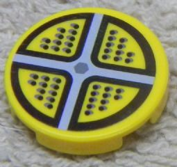 Lego Tile, Round 2 x 2 with Gray Cross and Black Points Pattern (Sticker) - Set 5973 / Yellow