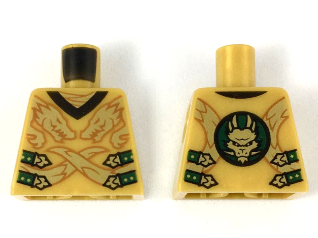 Lego Torso Robe with 2 Gold Dragon Heads and Tails, Dark Green Straps with Gold Clasps Pattern / Pearl Gold