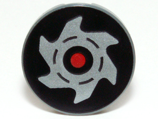 Lego Tile, Round 2 x 2 with Bottom Stud Holder with Red Circle and Silver Saw Blade on Black Background Pattern