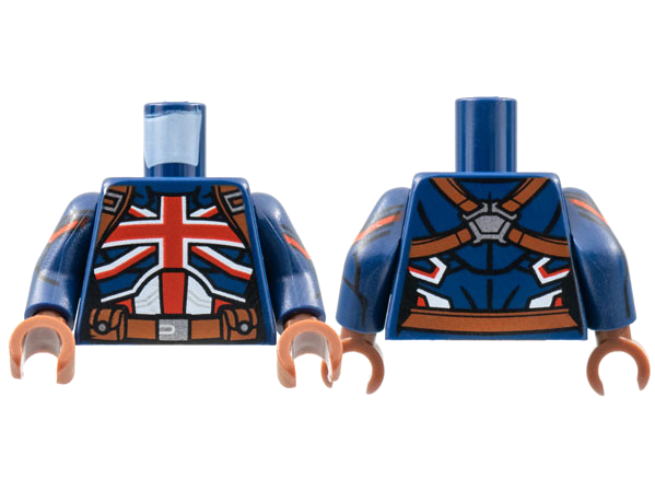 Lego Torso Female Armor, Red British Union Jack Flag, Reddish Brown Belt Pattern / Dark Blue Arms with Red Shoulder Stripe Pattern / Reddish Brown Hands