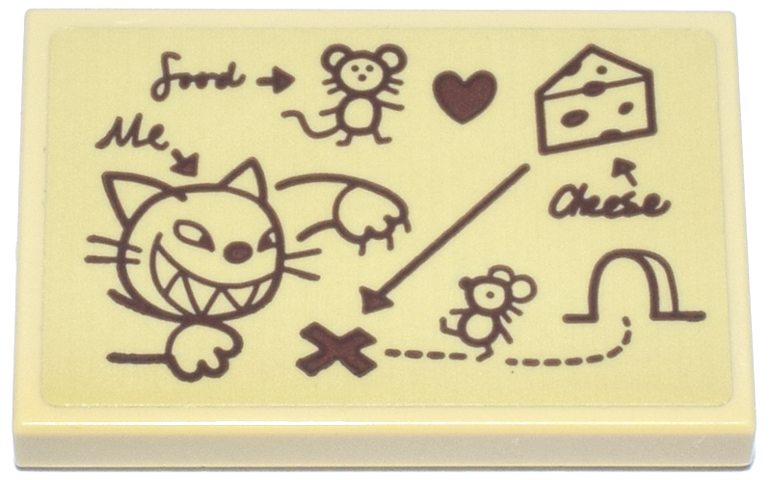 Lego Tile 2 x 3 with Dark Brown and Reddish Brown Diagram Drawing with Cat, Mice, Heart, Arrows, 'Cheese', 'Me' and 'Food' Pattern (Sticker) - Set 43275 / Tan