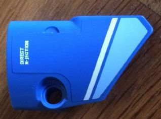 Lego Technic, Panel Fairing # 2 Small Smooth Short, Side B with Medium Blue and White Stripes and 'DIRECT N-JECTION' Pattern (Sticker) - Set 8052 / Blue