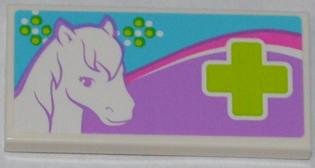 Lego Tile 2 x 4 with White Horse Head and Lime Cross Pattern (Sticker) - Set 3188 / White