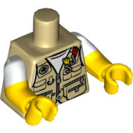 Lego Torso, Dual Molded Arms, Vest with Zipper, Pockets, Fish Sign and Fishing Hooks Print, White Sleeves Pattern, Yellow Arms and Hands / Tan