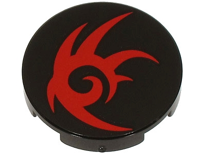 Lego Tile, Round 2 x 2 with Bottom Stud Holder with Red Tribal Symbol Pattern (Shadow the Hedgehog Logo)
