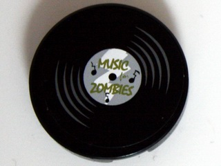Lego Tile, Round 2 x 2 with Vinyl Record 'MUSIC for ZOMBIES' Pattern (Sticker) - Set 10228 / Black