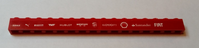 Lego Brick 1 x 16 with 'MAHLE' Puma Logo, 'PIRELLI', 'TNT', 'HUBLOT', 'WEICHAI', ups Logo, 'KASPERSKY lab', Shell Logo, 'Santander' and 'FIAT' Pattern (Stickers) - Set 75913 / Red