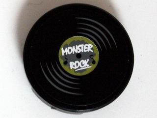 Lego Tile, Round 2 x 2 with Vinyl Record 'MONSTER ROCK' Pattern (Sticker) - Set 10228 / Black