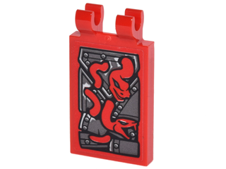 Lego Tile, Modified 2 x 3 with 2 Clips with Pearl Dark Gray Armor with Rivets and 2 Red Snakes Pattern (Sticker) - Set 70626