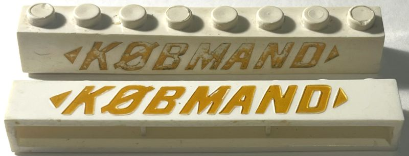 Lego Brick 1 x 8 without Bottom Tubes with Cross Side Supports with Light Gold 'KØBMAND' and 2 Arrows Pattern (KOBMAND)