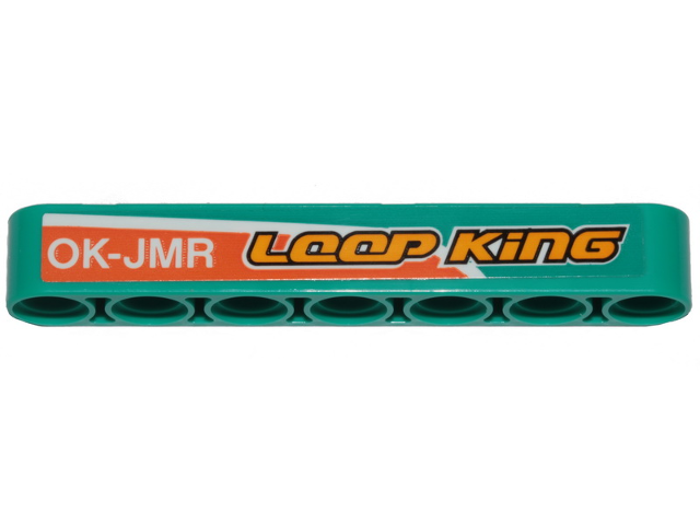 Lego Technic, Liftarm Thick 1 x 7 with Orange Stripe, 'LOOP KiNG' and 'OK-JMR' Pattern Model Right Side (Sticker) - Set 42117 / Dark Turquoise