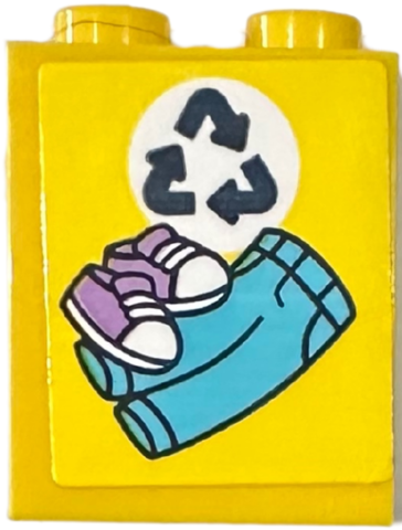 Lego Brick 1 x 2 x 2 with Inside Stud Holder with Black Recycling Arrows in White Circle, Medium Lavender Shoes, and Medium Azure Jeans Pattern (Sticker) - Set 42614