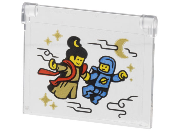 Lego Glass for Window 1 x 4 x 3 - Opening with Gold Sparkles, Chang'e Moon Goddess with Red Scarf and Classic Spaceman Minifigures Flying Through Clouds Pattern (Sticker) - Set 80116 / Trans-Clear