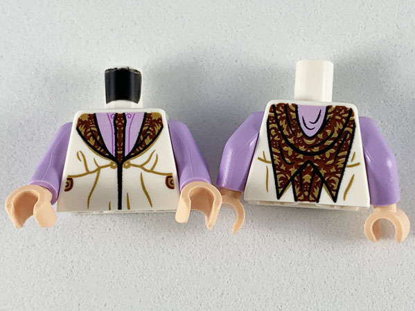 Lego Torso Robe with Reddish Brown and Dark Tan Tie and Lapels, Lavender Shirt Pattern / Lavender Arms / Light Nougat Hands