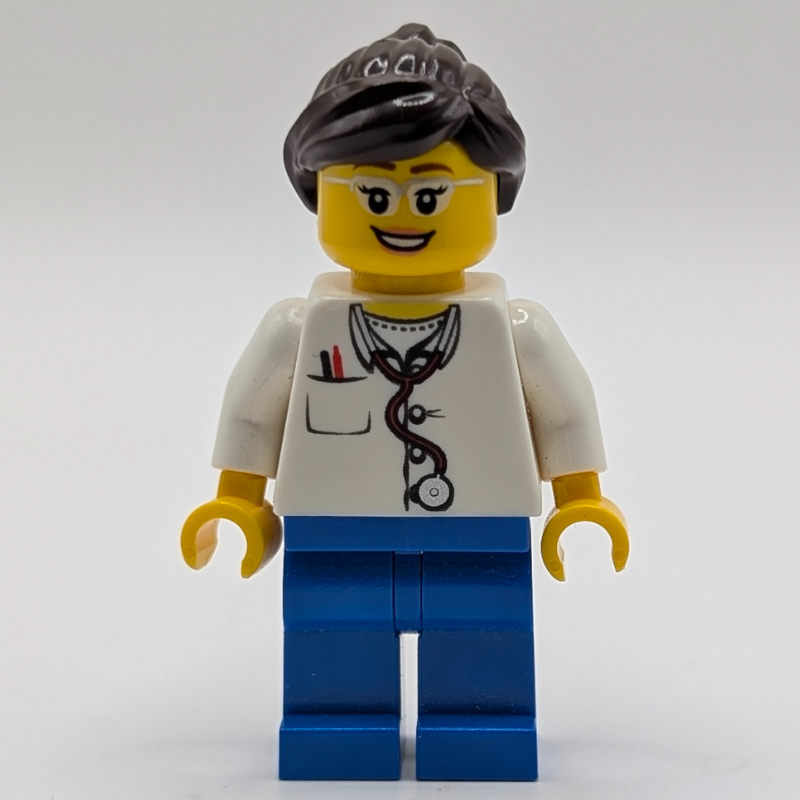 Lego Doctor, Woman, White Shirt with Pocket and Stethoscope, Blue Legs, Dark Brown Hair, Glasses