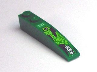 Lego Slope, Curved 6 x 1 with 2 Studs with 'ANTI-GAS SYSTEM' and 'BOOST - VOLATILE' on Green Background Pattern (Sticker) - Set 8114