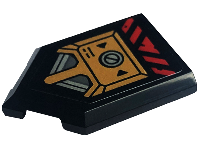 Lego Tile, Modified 2 x 3 Pentagonal with Black Triangles, Silver Screw, Red Danger Stripes, and Gold Armor Plate Pattern (Sticker) - Set 71775