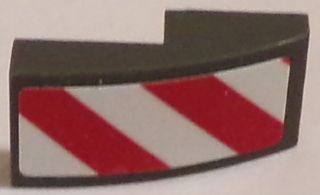 Lego Slope, Curved 2 x 1 x 2/3 with Red and White Danger Stripes (Red and White Corners) Pattern Model Left Side (Sticker) - Sets 60081 / 60083 / 60107 / Dark Bluish Gray