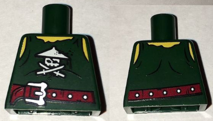Lego Torso Tank Top Tattered with White Ninja Skull with Crossed Swords, Dark Red Belt with Silver Buckle, Yellow Shoulders and Neck Pattern / Dark Green