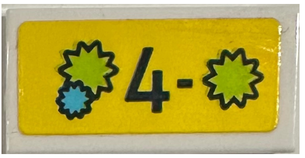 Lego Tile 1 x 2 with '4-', Lime and Medium Azure Starbursts on Yellow Background Pattern (Sticker) - Set 42614 / White