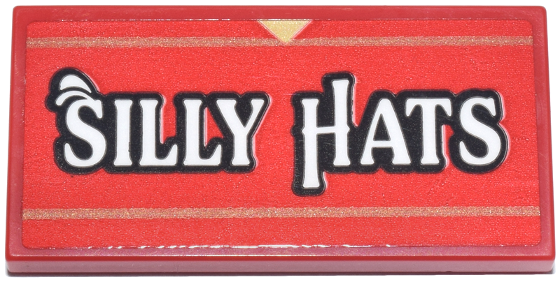 Lego Tile 2 x 4 with Dark Tan Lines, Tan Triangle and Black and White 'SILLY HATS' Pattern (Sticker) - Set 40913 / Red