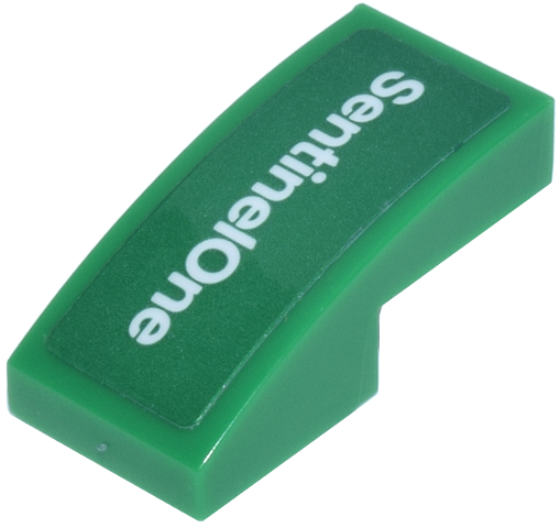 Lego Slope, Curved 2 x 1 x 2/3 with White 'SentinelOne' Pattern Model Left Side (Sticker) - Set 77245 / Green