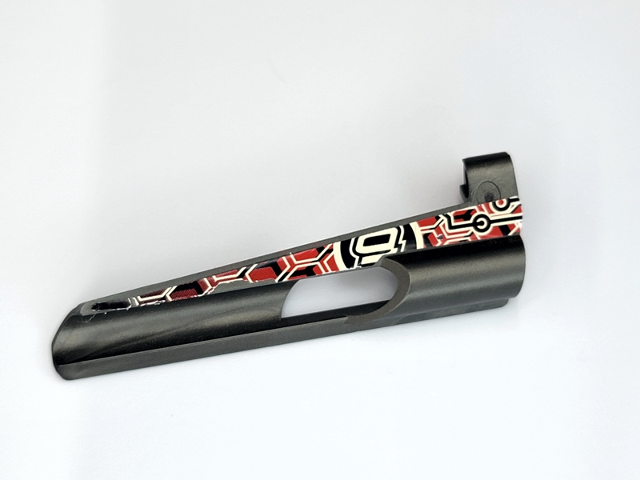 Lego Technic, Panel Fairing # 7 Small Long, Large Hole, Side A with '9' and White, Black and Red Pattern (Sticker) - Set 8475 / Pearl Dark Gray