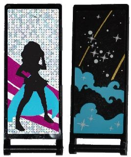 Lego Flag 7 x 3 with Bar Handle with Medium Azure Smoke, Stars and Gold Stripes / Black Female Dancer Silhouette Type 1 Pattern (Stickers) - Set 41105