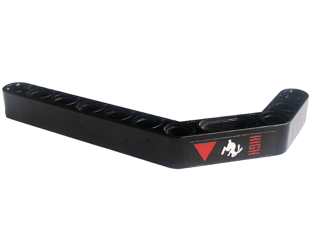 Lego Technic, Liftarm, Modified Bent Thick 1 x 11.5 Double with Red Triangle, 'HIGH' and White Rabbit Pattern Model Right Side (Sticker) - Set 42094 / Black