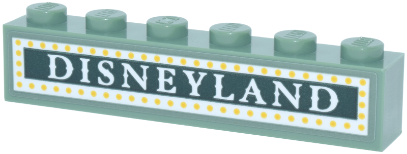 Lego Brick 1 x 6 with Dark Green Marquee Sign, White 'DISNEYLAND' and Border with Yellow Dots Pattern (Sticker) - Set 43302 / Sand Green