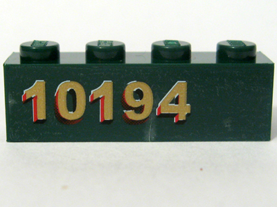 Lego Brick 1 x 4 with Gold '10194' Left Side Pattern (Sticker) - Set 10194 / Dark Green