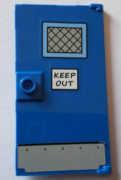 Lego Door 1 x 4 x 6 with Stud Handle with Lattice Window, 'KEEP OUT' and Metal Plate with 5 Rivets Pattern (Stickers) - Set 71016 / Blue