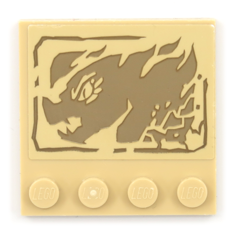 Lego Tile, Modified 4 x 4 with Studs on Edge with Dark Tan Cracked Rock Dragon Head Flame Pattern (Sticker) - Set 70655