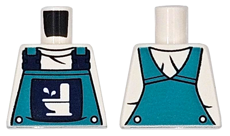 Lego Torso Dark Turquoise Overalls with Toilet Logo, Dark Blue Buckles and Silver Buttons over Shirt Pattern / White