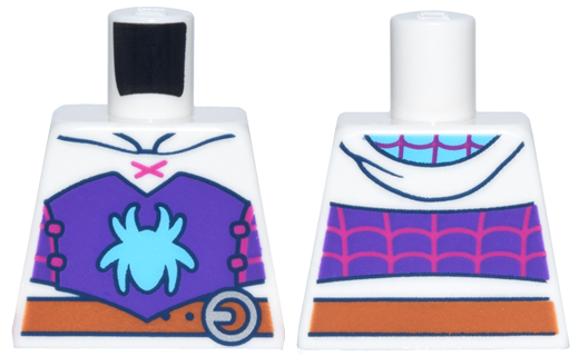 Lego Torso Hoodie, Dark Purple Bodice, Magenta Web and Ties, Medium Azure Spider, Dark Orange Belt, Round Silver Buckle Pattern / White