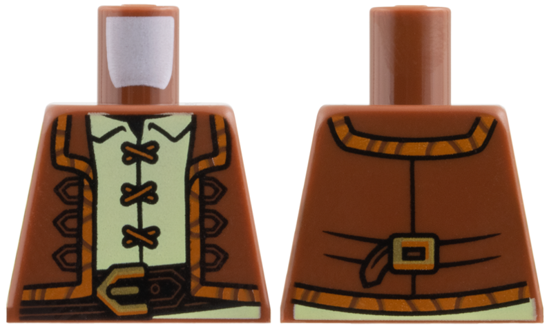 Lego Torso Vest Open with Dark Orange Trim over Yellowish Green Shirt with Laces, Dark Brown Belt with Gold Buckle Pattern / Reddish Brown