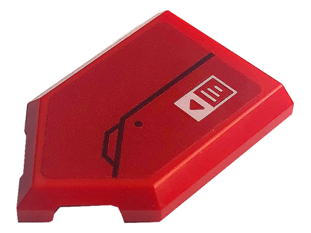 Lego Tile, Modified 2 x 3 Pentagonal with Black Line and White Rectangle with Red Arrow Pattern (Sticker) - Set 71773 / Red