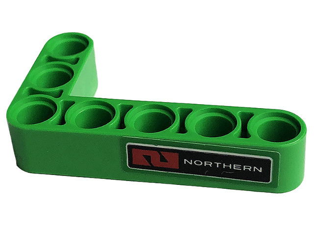 Lego Technic, Liftarm, Modified Bent Thick L-Shape 3 x 5 with 'NORTHERN' Pattern Model Right Side (Sticker) - Set 42129 / Bright Green