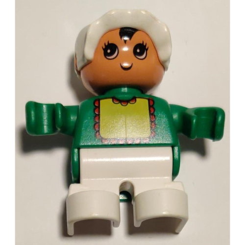 Lego Duplo Figure, Early Child, with Bonnet White, and White Legs, Yellow Bib with Red Lace Print / Green
