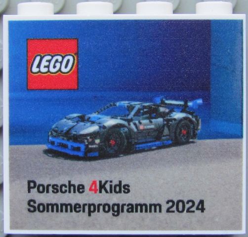 Lego Brick 1 x 4 x 3 with LEGO Logo and 'Porsche 4Kids Sommerprogramm 2024' Pattern / White
