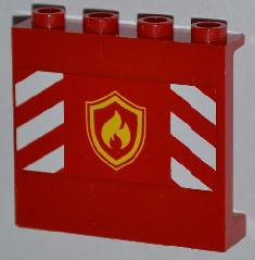 Lego Panel 1 x 4 x 3 with Side Supports - Hollow Studs with Yellow and Red Fire Logo Badge and Red and White Danger Stripes Pattern (Sticker) - Set 4208