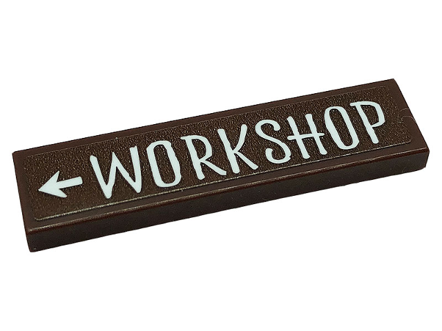 Lego Tile 1 x 4 with White 'WORKSHOP' and Arrow Pattern (Sticker) - Set 10275