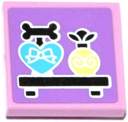 Lego Tile, Modified 2 x 2 Inverted with Bright Light Yellow and Medium Azure Perfume Bottles on Silver Shelf Pattern (Sticker) - Set 41140 / Bright Pink