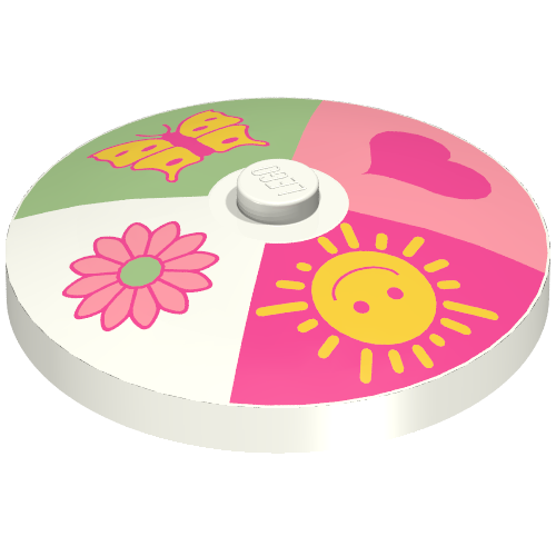 Lego Dish 4 x 4 Inverted [Radar] with 4 section Heart, Sun, Flower, Butterfly Print / White
