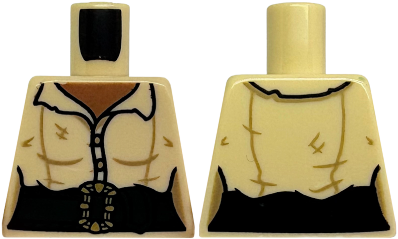 Lego Torso Shirt with Open Collar and 2 buttons, Medium Brown Neck, Dark Green Belt with Gold Buckle Pattern / Tan