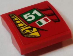 Lego Slope, Curved 2 x 2 x 2/3 with Yellow Eye, '51', Italian Flag and Red Vents Pattern Model Right Side (Sticker) - Set 75908