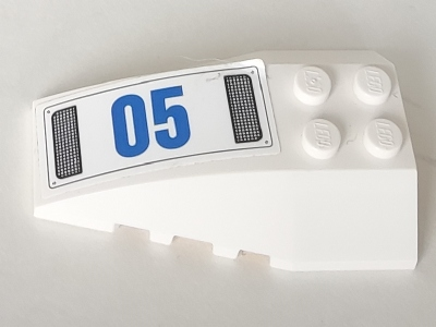 Lego Wedge 6 x 4 Triple Curved with Blue '05' and Black Grilles Pattern Model Right Side (Sticker) - Set 60166 / White