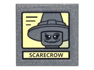 Lego Road Sign 2 x 2 Square with Clip with Black Lines, 'SCARECROW', and Portrait on Bright Light Yellow Background Pattern (Sticker) - Set 10937 / Dark Bluish Gray