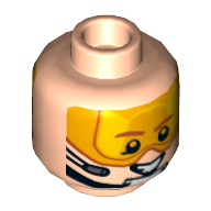Lego Minifig Head, Orange Visor, Brown Eyebrows, Chin Strap, Headset, Smiling / Scared Print / Light Nougat
