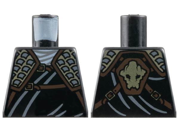 Lego Torso Wrap with Dark Tan and Dark Bluish Gray Shoulder Armor, Dark Brown Straps with Gold Buckles, Ninjago Earth Gorilla Head Symbol on Back Pattern / Black